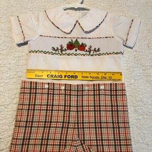 Pumpkin smocked button on shorts outfit